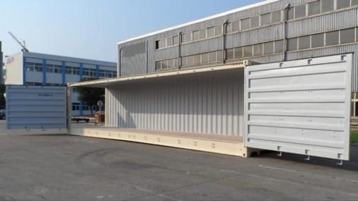 Full open sided shipping container beige.