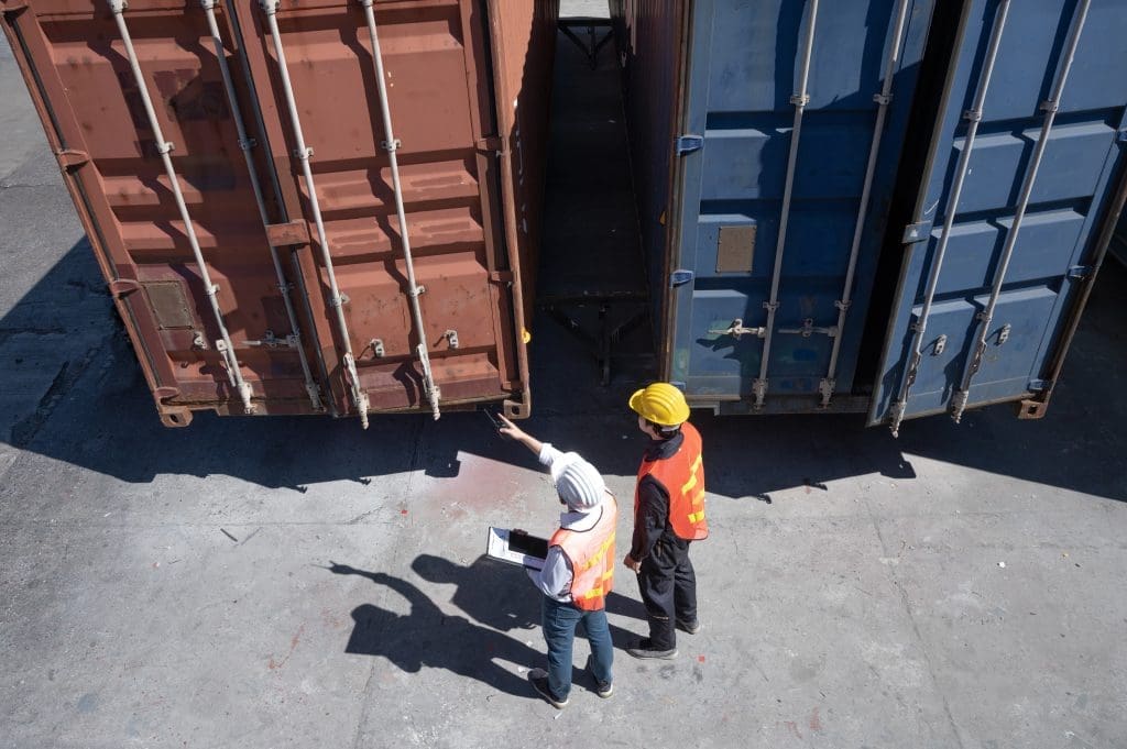 Different types and sizes of shipping containers.