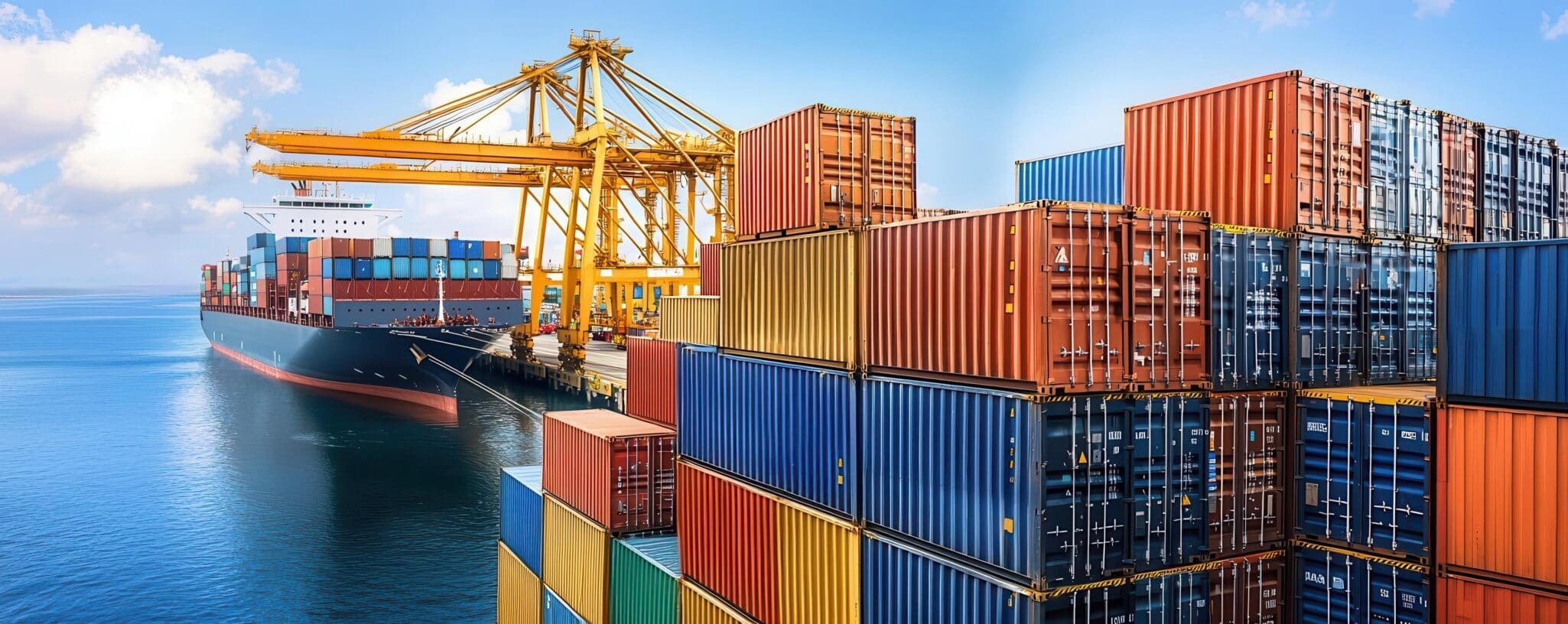 Large container ship docked at a busy port, loaded with colorful shipping containers, with cranes visible for loading and unloading.