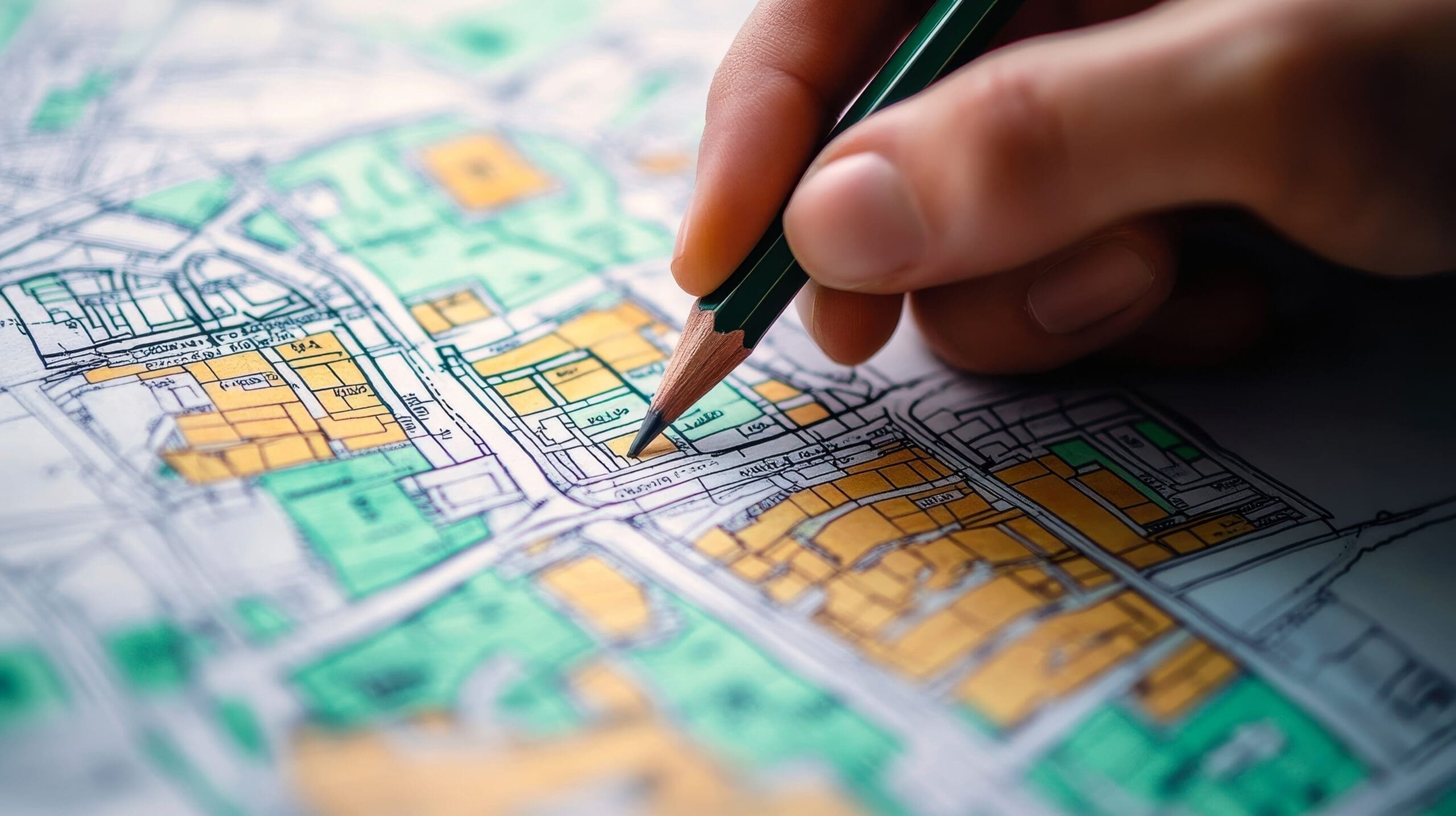 Hand Drawing on Detailed Cadastre Map for Urban Planning and Land Surveying Concepts