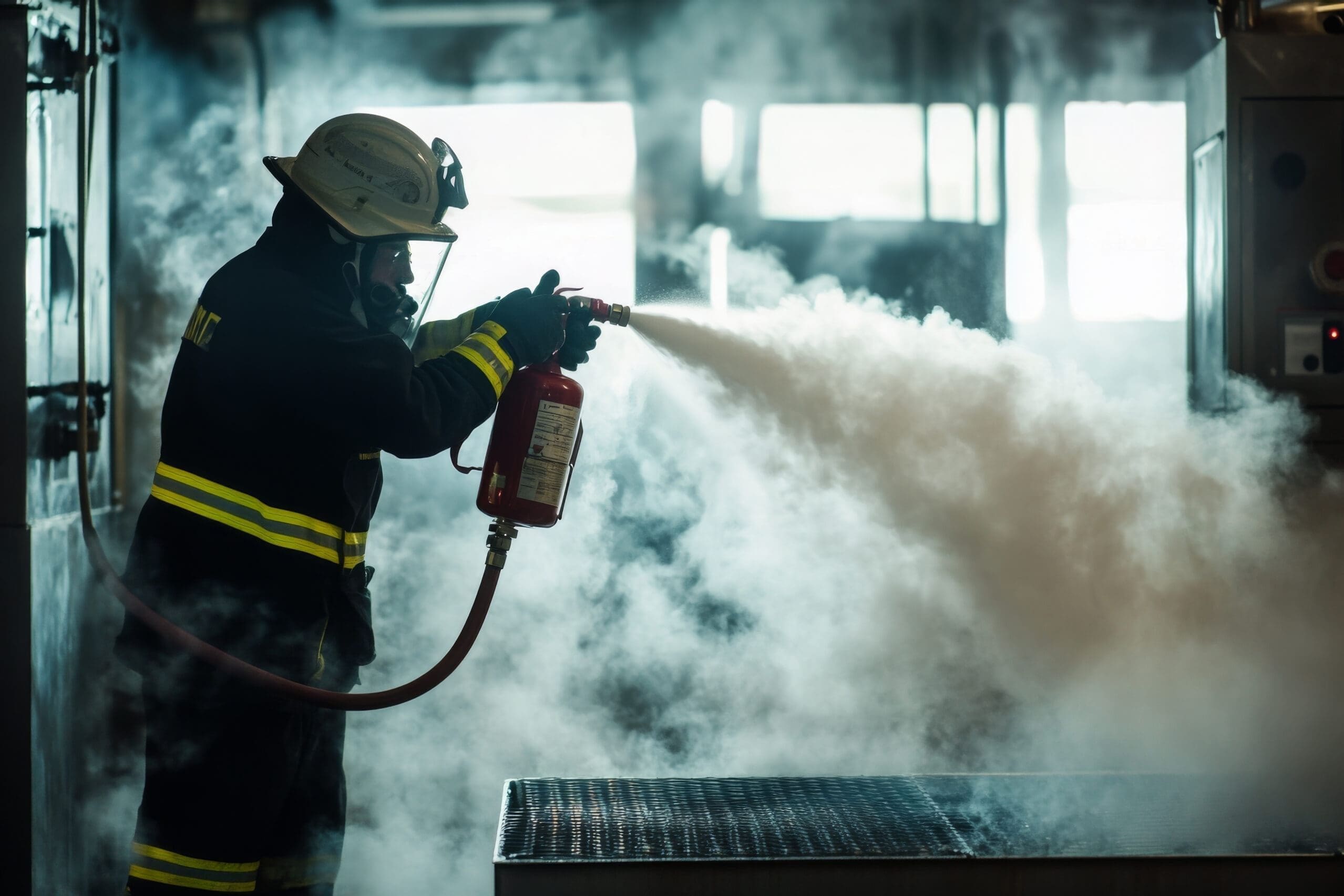 Firefighter using a fire extinguisher to control flames – emergency response and fire safety in action