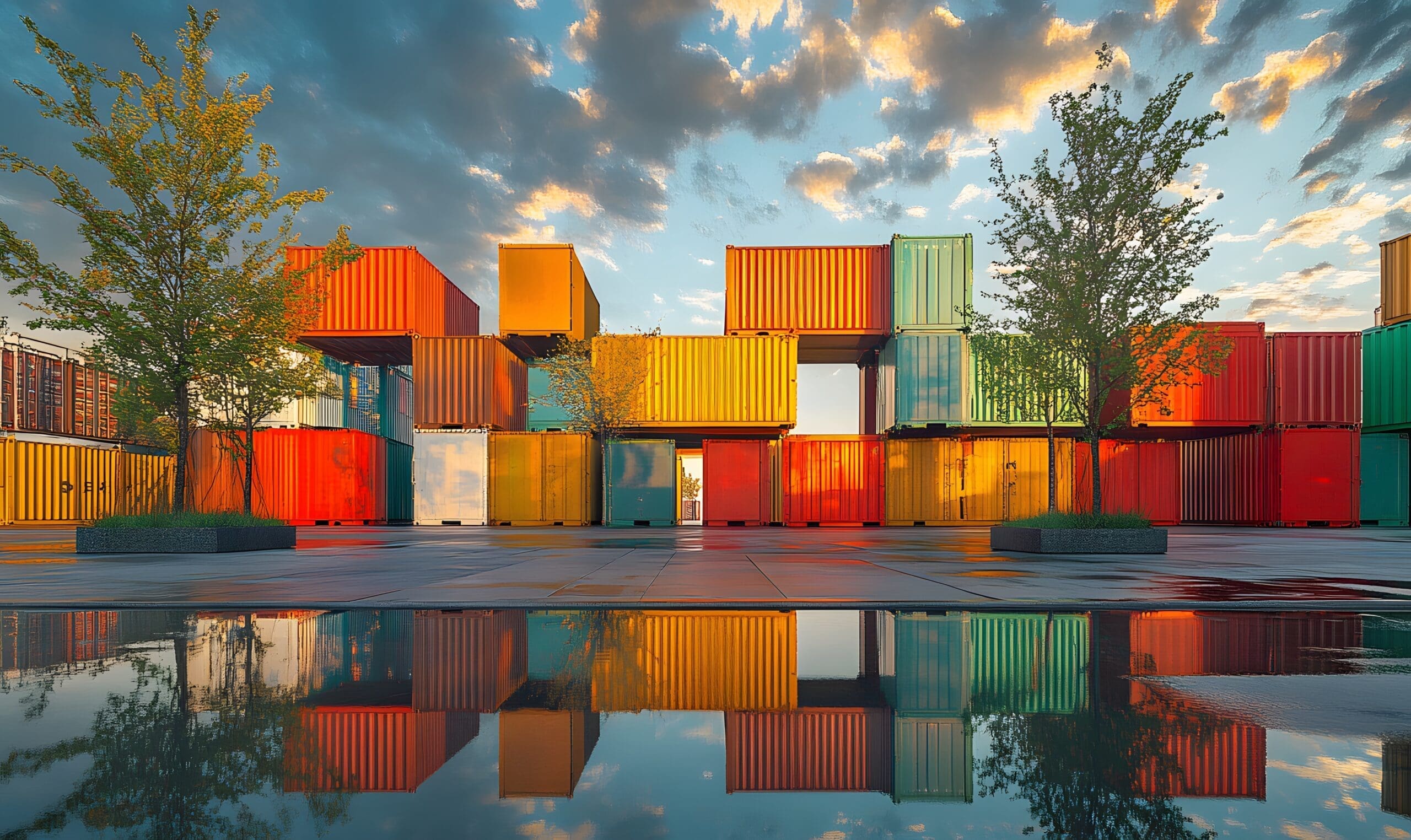 Artistic urban landscape with stacked colorful shipping containers painted and modified, water reflection, and natural framing from trees under a partly cloudy sky.