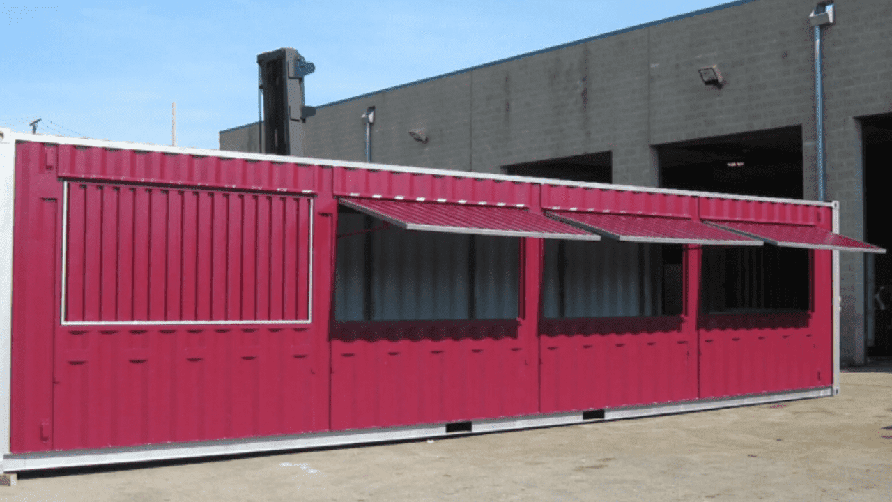 Shipping container used as retail pop-up shop or modular facility – creative commercial structure.