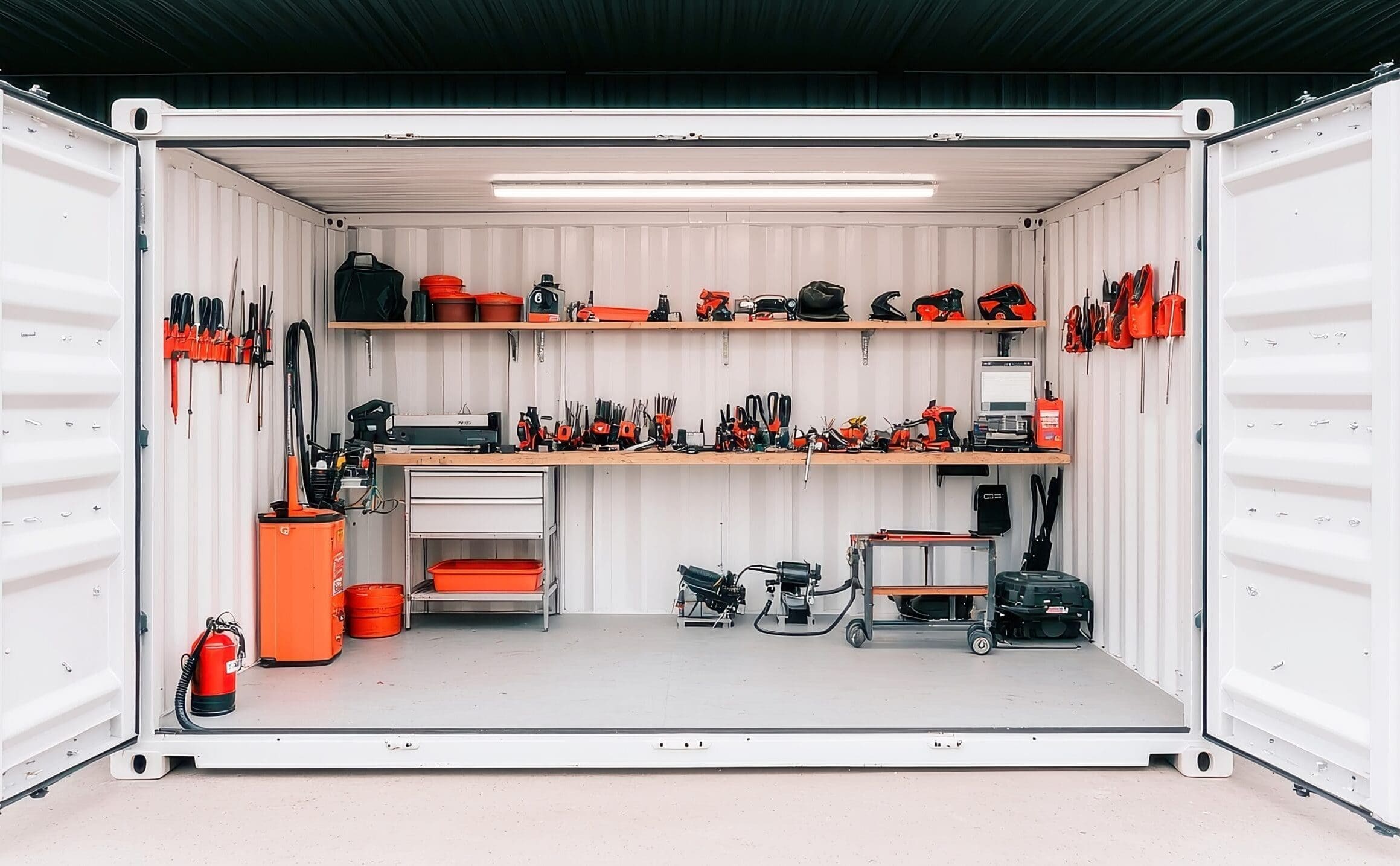 Specialized 20 ft. New/one trip- FULL - Open Side container with shelves and used as a workshop for storage