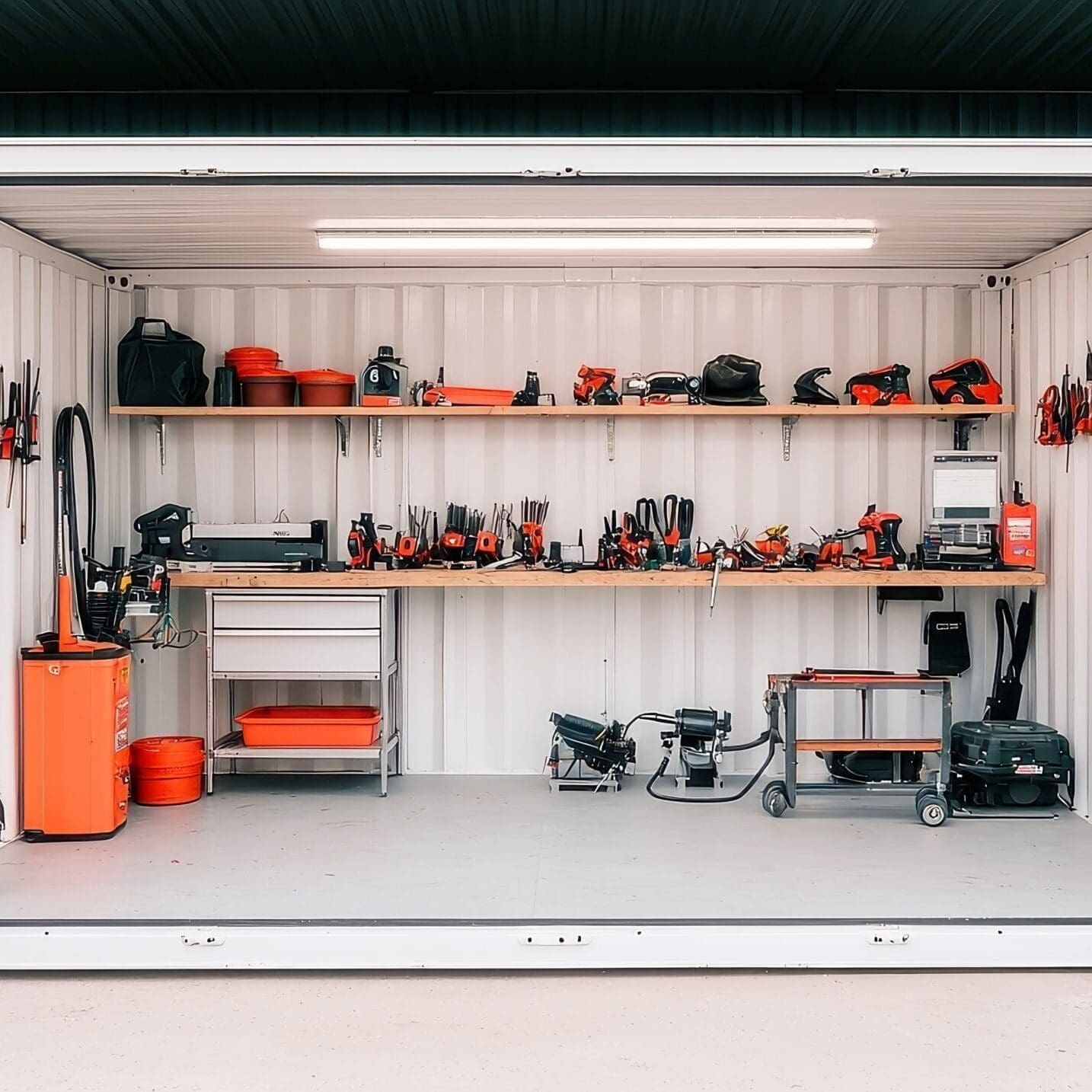 Specialized 20 ft. New/one trip- FULL - Open Side container with shelves and used as a workshop for storage