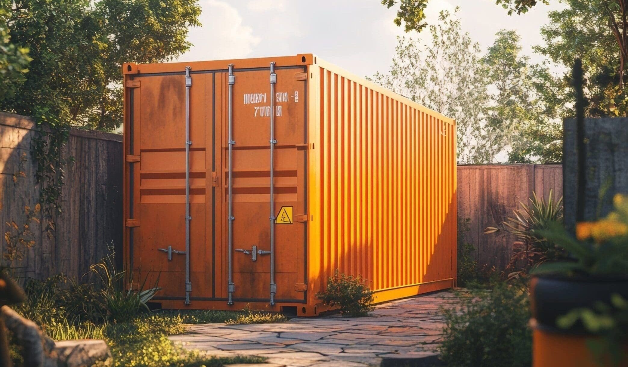 Tightly tucked away, any 20 ft. shipping container can be delivered even in the smallest space. Residential storage with orange shipping container in backyard