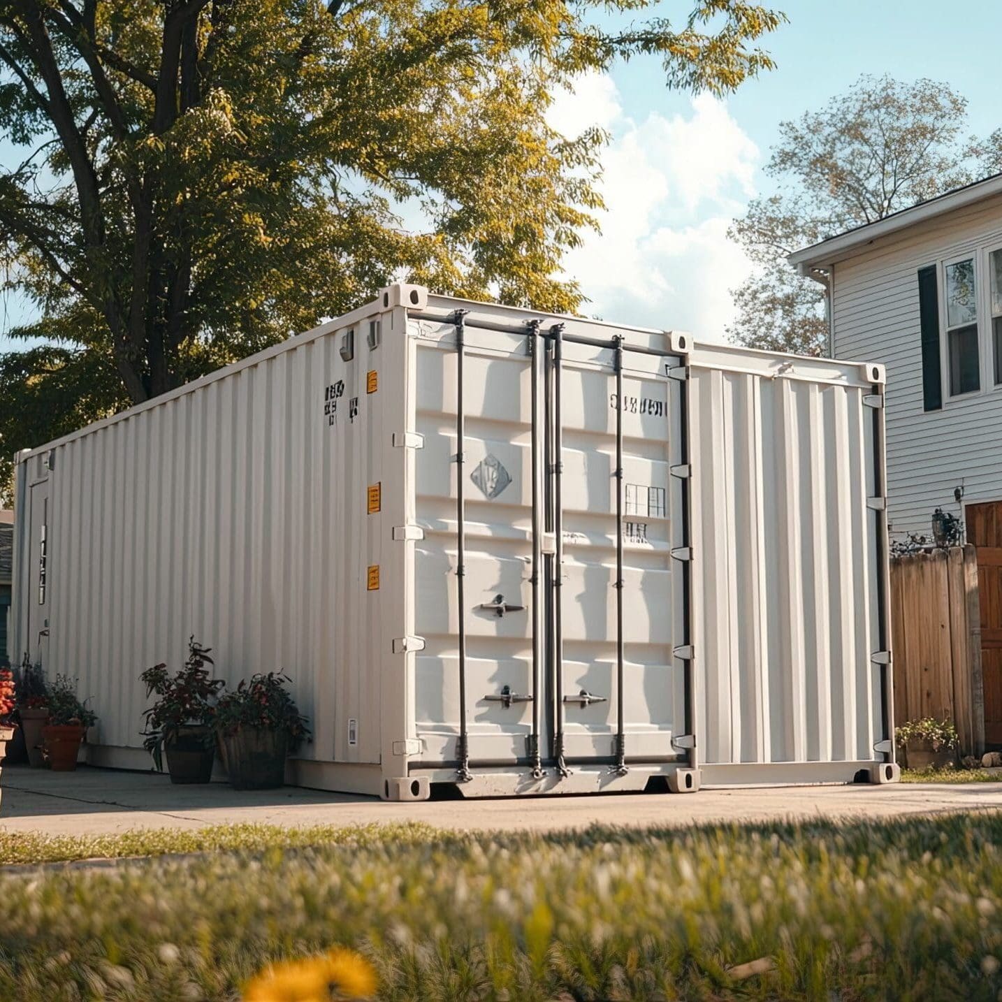 40 ft painted used white shipping container near house used for storage.