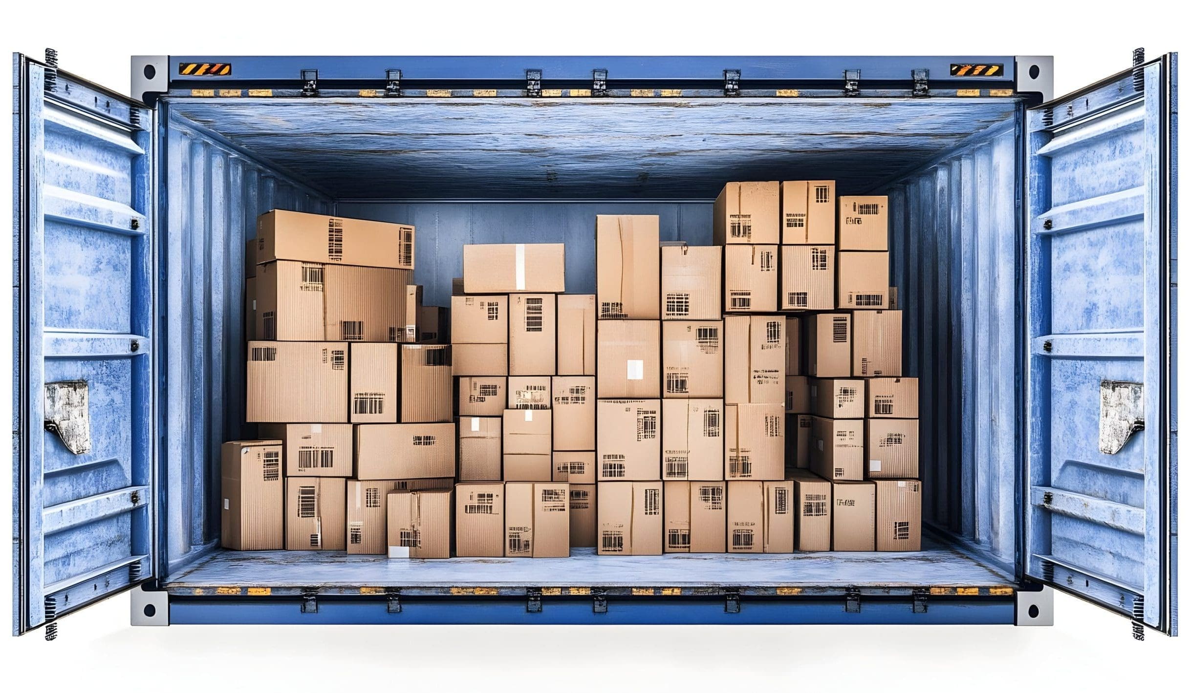 An open shipping container filled with stacked cardboard boxes.