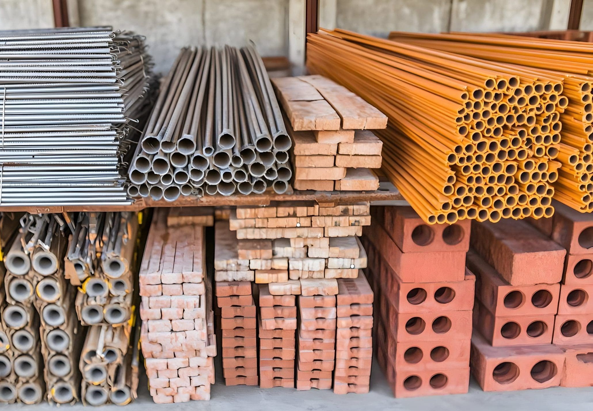 Assorted construction materials stacked on shelves. Metal pipes, steel beams, lumber, and bricks are neatly organized. A variety of sizes and colors in a shipping container