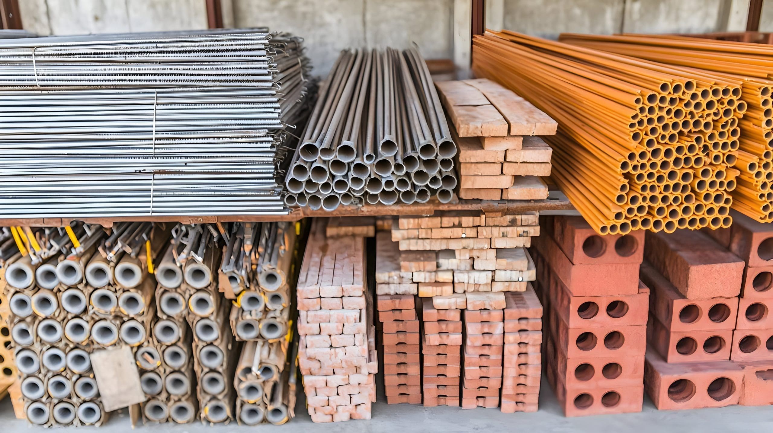 Assorted construction materials stacked on shelves. Metal pipes, steel beams, lumber, and bricks are neatly organized. A variety of sizes and colors in a shipping container