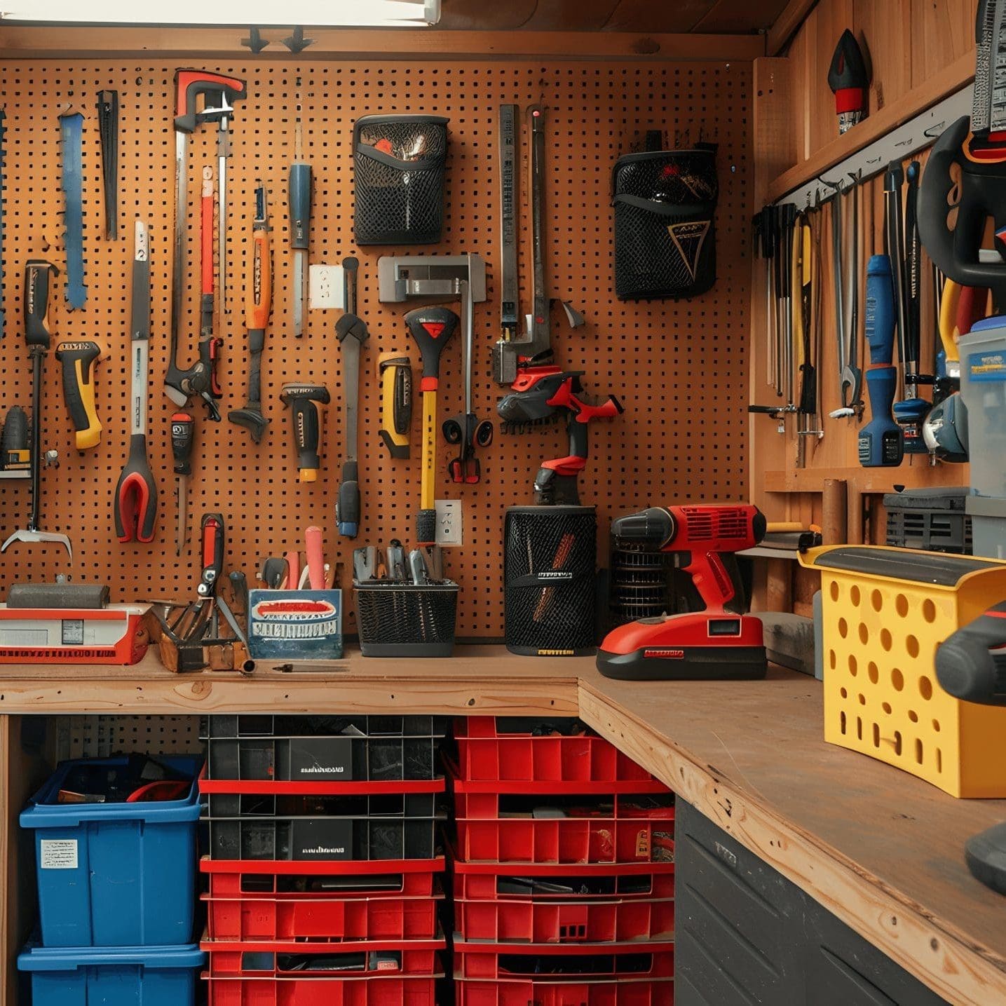 Tool shed with labeled pegboards and arranged tools made from a shipping container