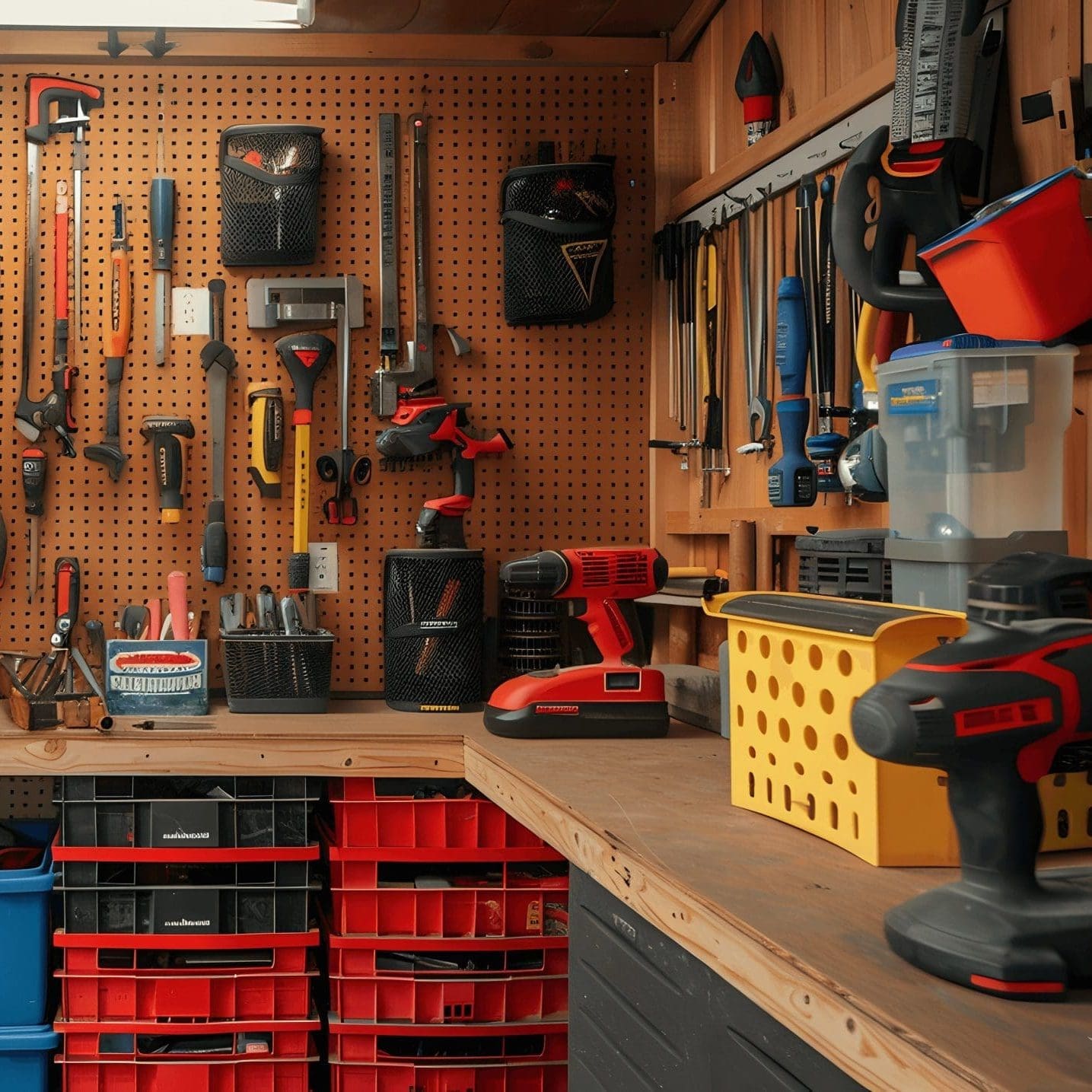Tool shed with labeled pegboards and arranged tools made from a shipping container