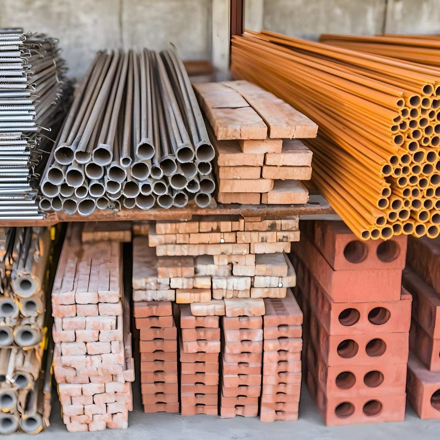 Assorted construction materials stacked on shelves. Metal pipes, steel beams, lumber, and bricks are neatly organized. A variety of sizes and colors in a shipping container